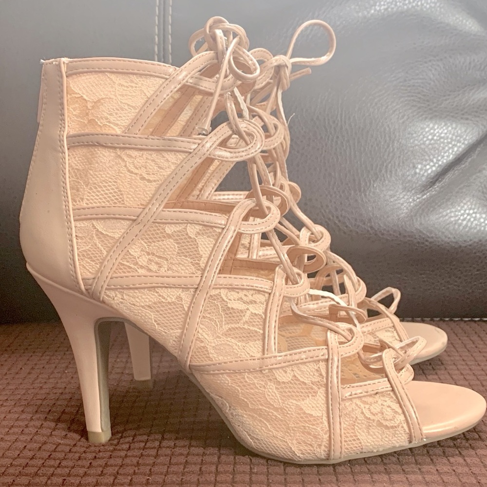 Beige Lace Tie Up High Heels